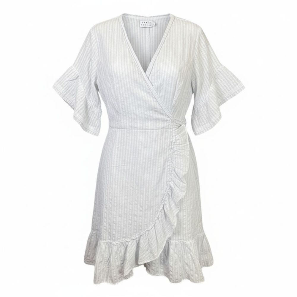 Tanya Taylor Bianca Ruffle Mini Dress Faux Wrap Blue White Stripe Cotton Size 14